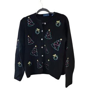 VTG Karen Scott Christmas Sweater Sz LP 100% Wool Black Trees Wreath Embroidered
